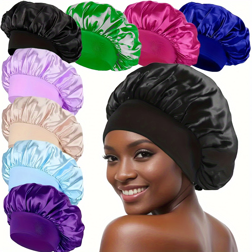 8-Pack Satin Bonnet Caps for Women - Elastic Wide Band, Reusable Hair Protection Sleep Caps for Curly and Natural Hair, Unscented Shower Caps
